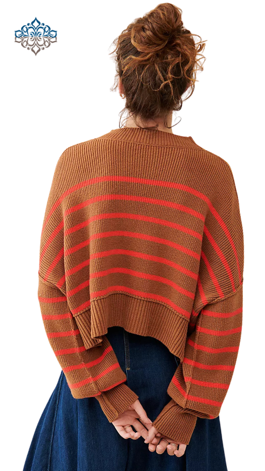 MEROKEETY Striped Ribbed Knit Crop Sweater – Chili Large-US2D