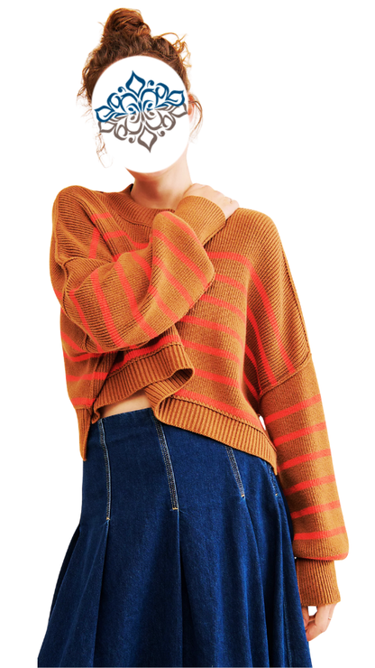 MEROKEETY Striped Ribbed Knit Crop Sweater – Chili Large-US2D