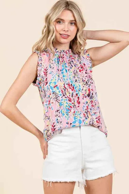 Lime ’N’ Chili Graphic Print Ruffle Trim Mock Neck Sleeveless Top – Plus Size - TreUS