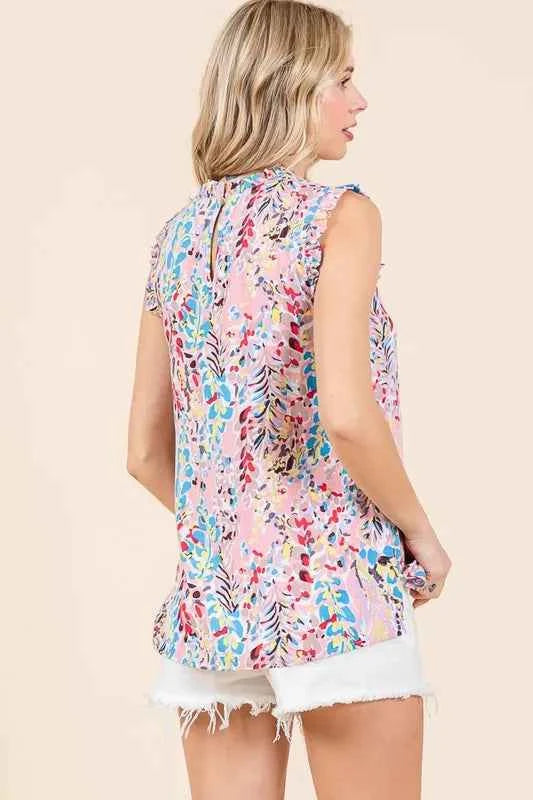 Lime ’N’ Chili Graphic Print Ruffle Trim Mock Neck Sleeveless Top – Plus Size - TreUS