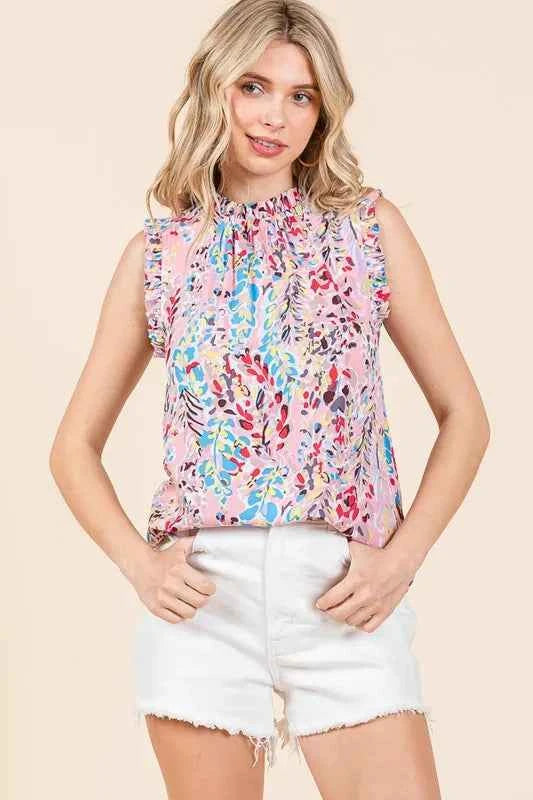 Lime ’N’ Chili Graphic Print Ruffle Trim Mock Neck Sleeveless Top – Plus Size - TreUS