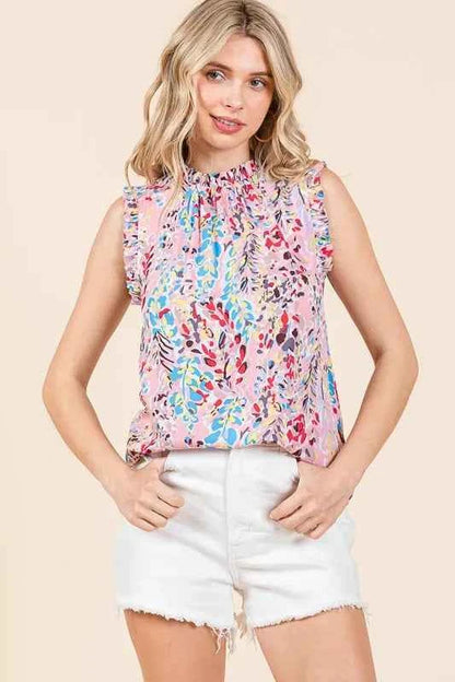 Lime ’N’ Chili Graphic Print Ruffle Trim Mock Neck Sleeveless Top – Plus Size - TreUS