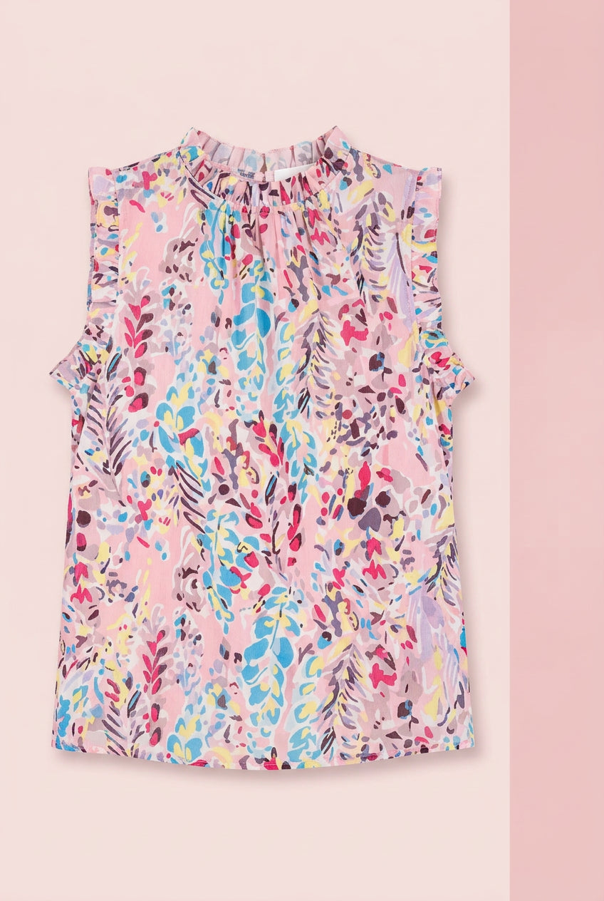 Plus‑size graphic print sleeveless top with ruffle trim and mock neck in Pink by Lime ’N’ Chili