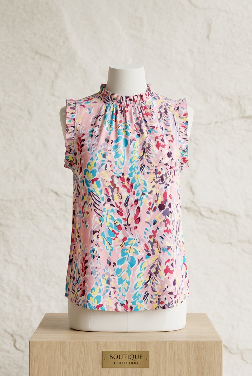 Plus‑size graphic print sleeveless top with ruffle trim and mock neck in Pink by Lime ’N’ Chili