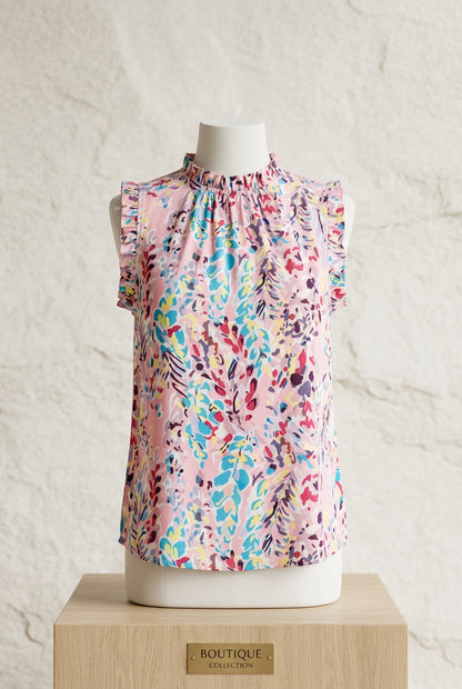 Plus‑size graphic print sleeveless top with ruffle trim and mock neck in Pink by Lime ’N’ Chili