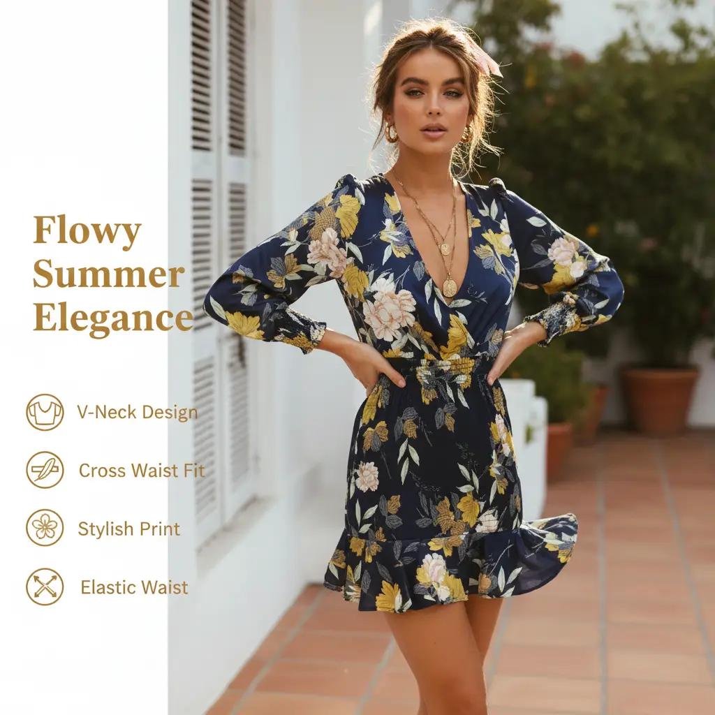 Printed V‑Neck Cross Waist Dress — Flowy • Feminine • Summer‑Ready -INT8