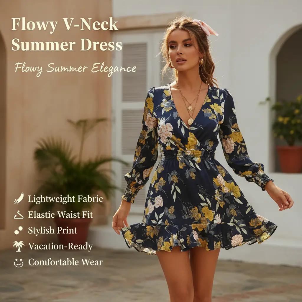 Printed V‑Neck Cross Waist Dress — Flowy • Feminine • Summer‑Ready -INT8