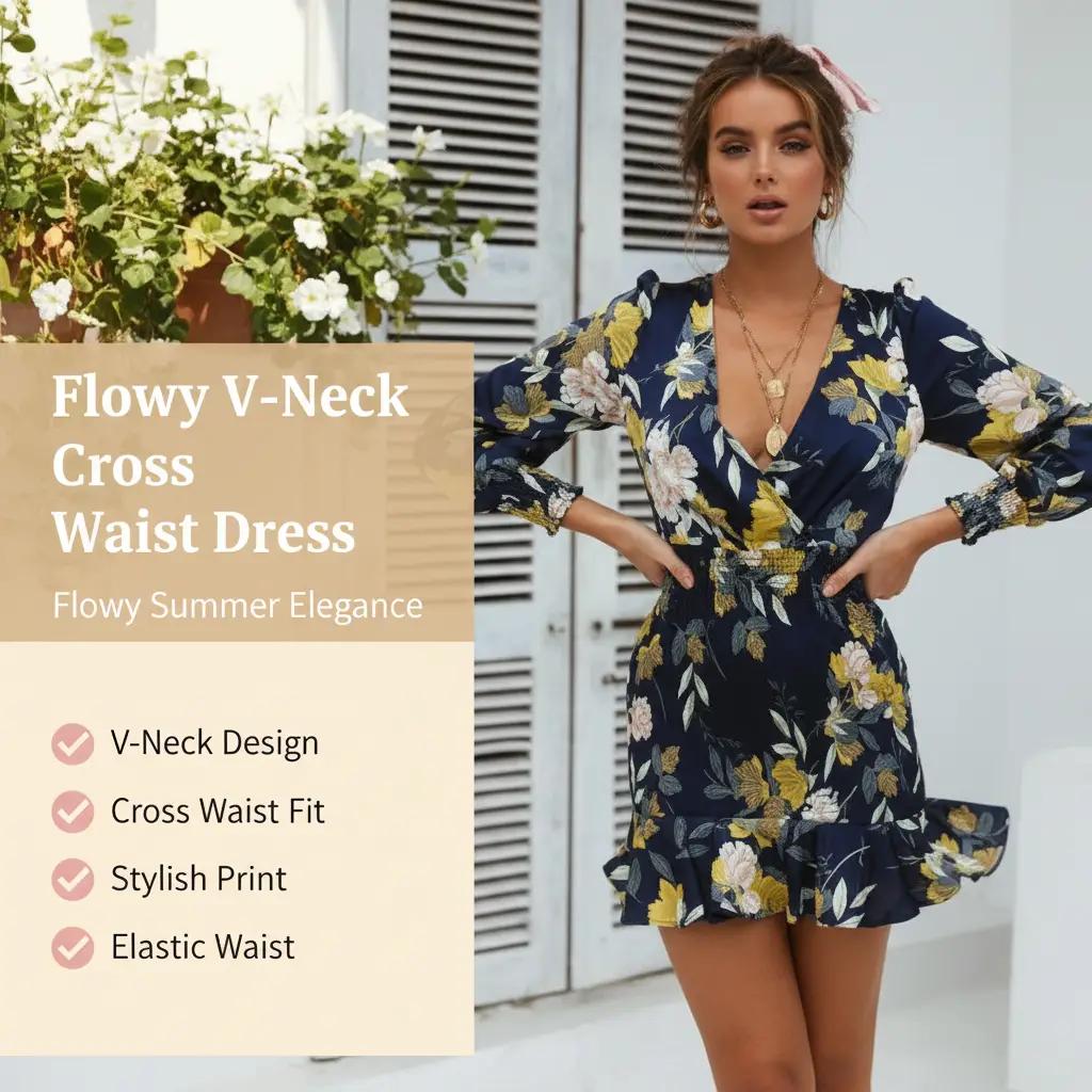 Printed V‑Neck Cross Waist Dress — Flowy • Feminine • Summer‑Ready -INT8