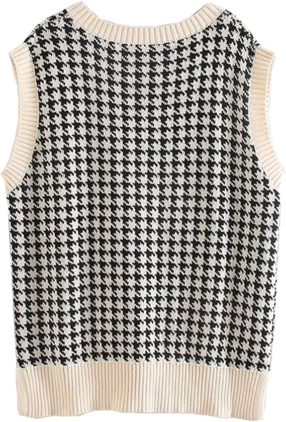 SAFRISIOR Oversized Houndstooth Sweater Vest – Apricot, Chunky Knit, V‑Neck, Sleeveless -US2D