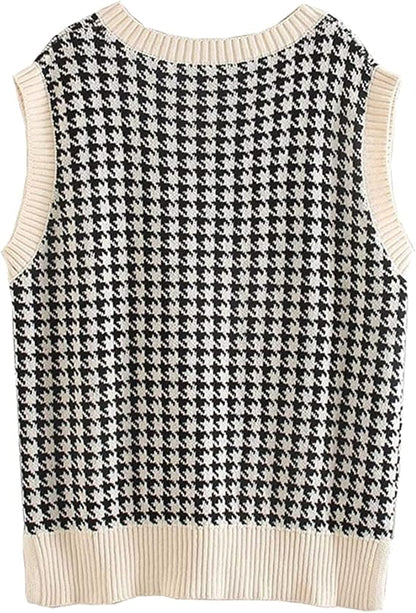 SAFRISIOR Oversized Houndstooth Sweater Vest – Apricot, Chunky Knit, V‑Neck, Sleeveless -US2D