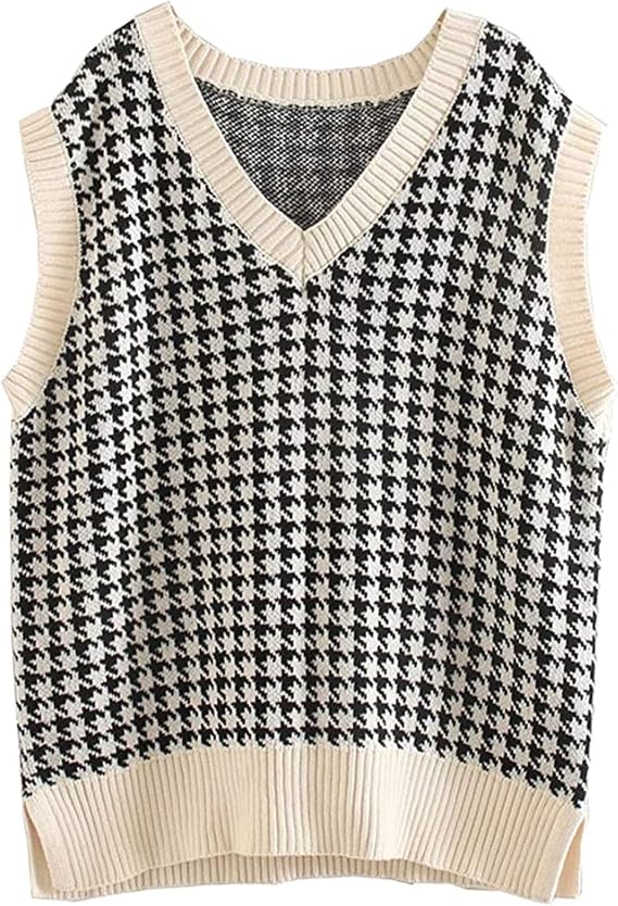 SAFRISIOR Oversized Houndstooth Sweater Vest – Apricot, Chunky Knit, V‑Neck, Sleeveless -US2D