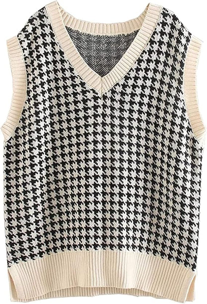 SAFRISIOR Oversized Houndstooth Sweater Vest – Apricot, Chunky Knit, V‑Neck, Sleeveless -US2D