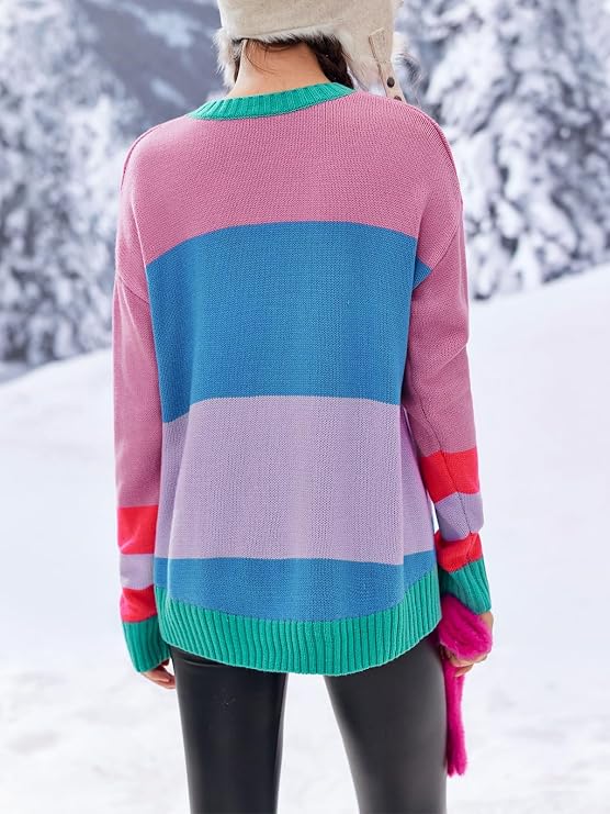 Saodimallsu Oversized Color Block Ski Print Sweater – Pink Pink-US2D