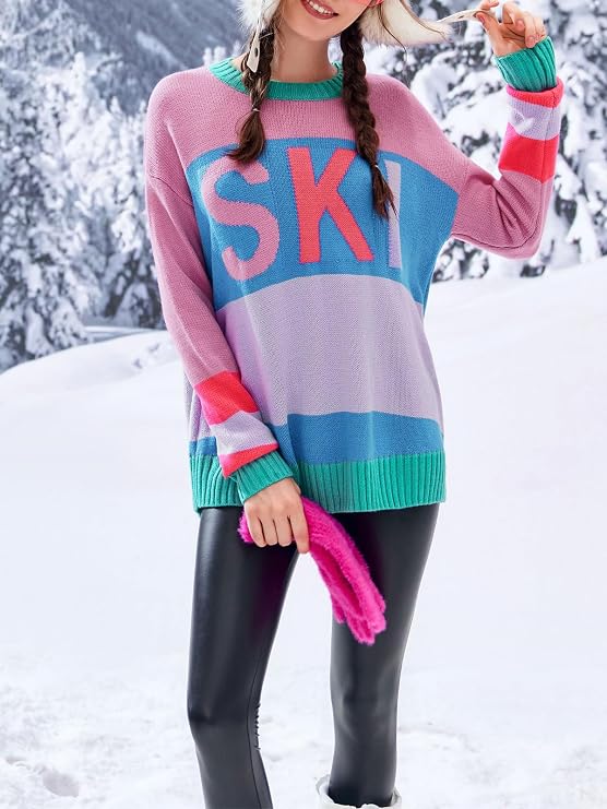Saodimallsu Oversized Color Block Ski Print Sweater – Pink Pink-US2D