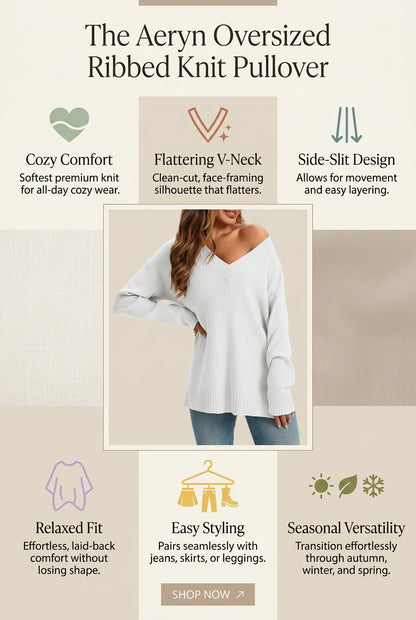 Woman wearing a white oversized ribbed knit V-neck sweater featuring long sleeves, side-slit hem, relaxed fit silhouette, and soft textured fabric for cozy everyday styling. Color & Features and Specs