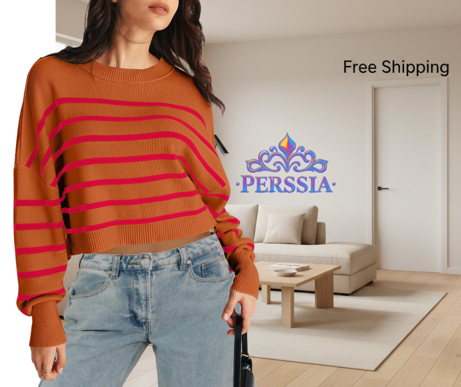 MEROKEETY Striped Ribbed Knit Crop Sweater – Chili Large-US2D