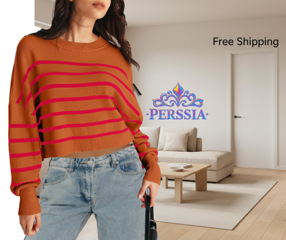 MEROKEETY Striped Ribbed Knit Crop Sweater – Chili Large-US2D