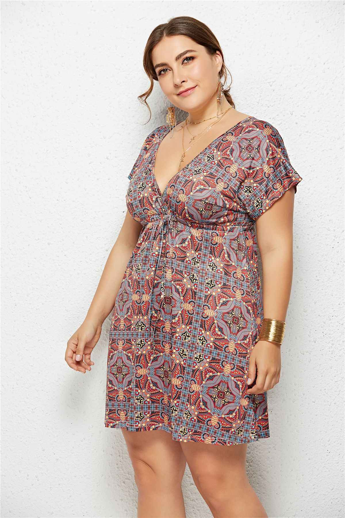 Deep V-Neck Printed Dress with Elastic Waist