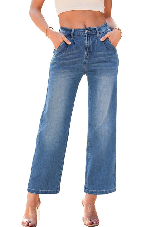 Perssia AshleighDenim™ High‑Waisted Wide‑Leg Cropped Jeans — Stretchy Loose Fit (2024, Ashleigh Blue) - PERSSIA