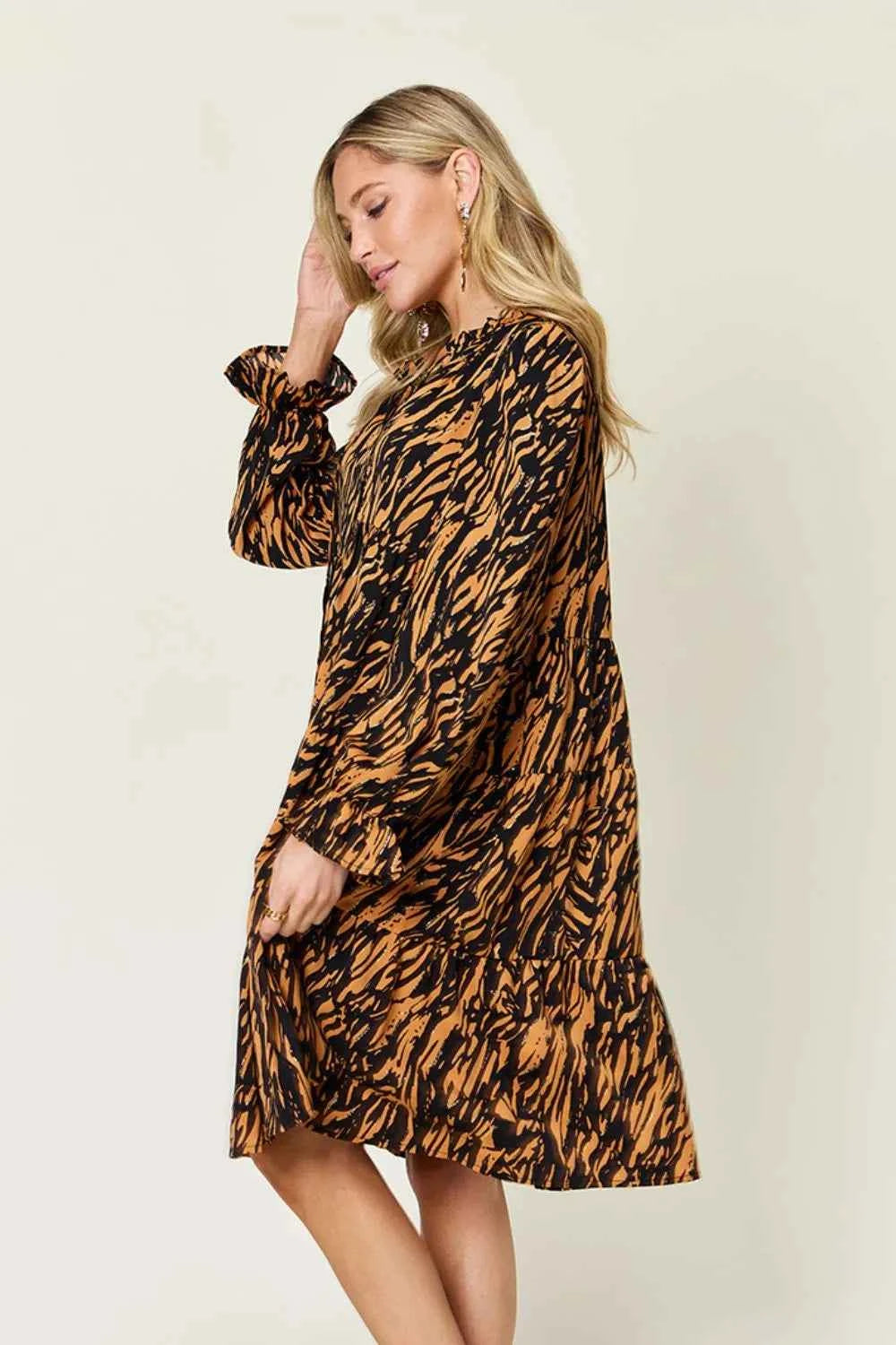 Double Take Full Size Printed Ruffle Hem Long Sleeve Dress Plus Size-Tre(INT8D)