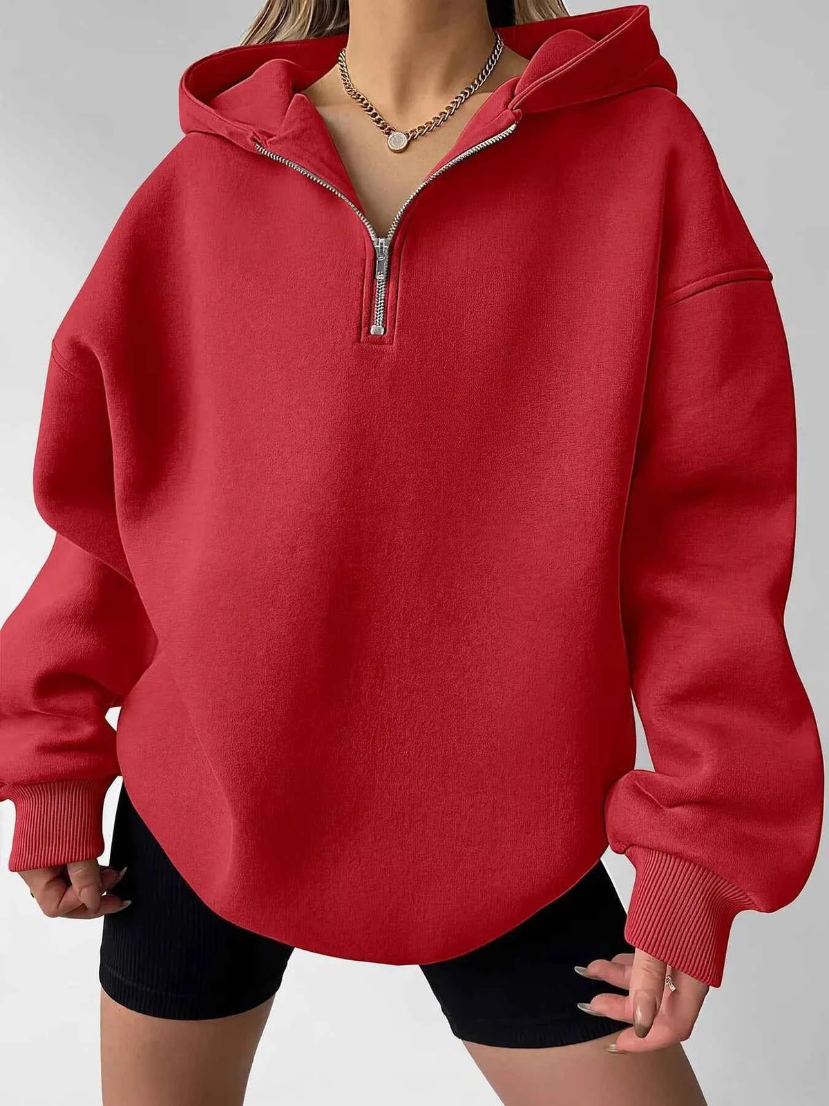 Oversized Quarter-Zip Hoodie-Tre(INT8D)