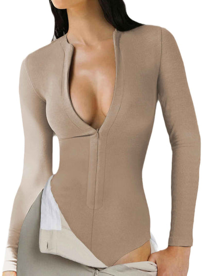 “SCULPTIVA™ ZIPFORM BODYSUIT” Womens Long Sleeve Zip Up Bodysuit Tops Sexy Stretchy Slim Fit Tummy Control Seamless Ribbed Shapewear Body suits Khaki Large