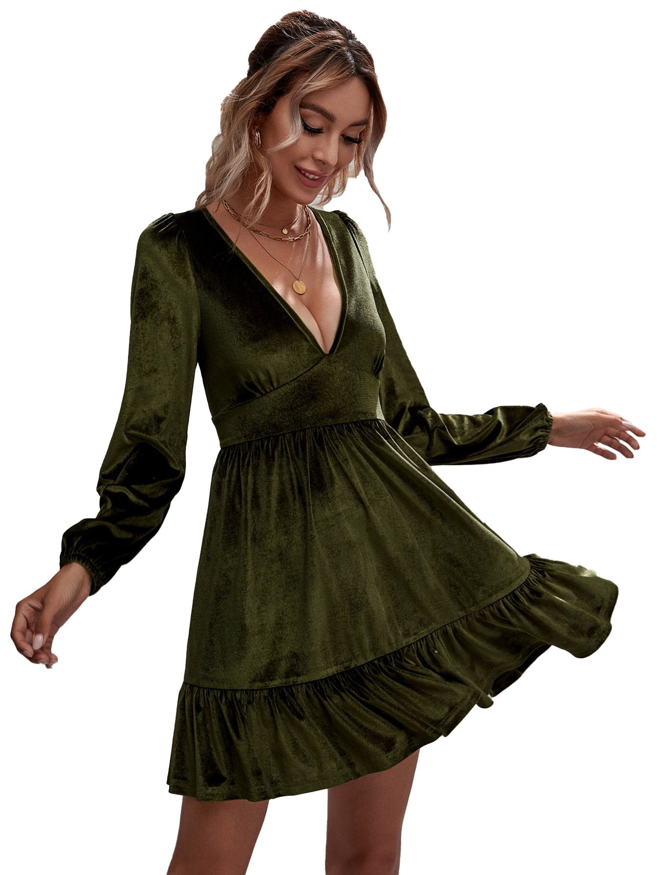 Velvet Ruffle Dress with Deep V-Neck and Puff Sleeves
