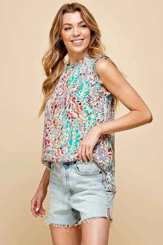 Lime ’N’ Chili Graphic Print Ruffle Trim Mock Neck Sleeveless Top – Plus Size - TreUS