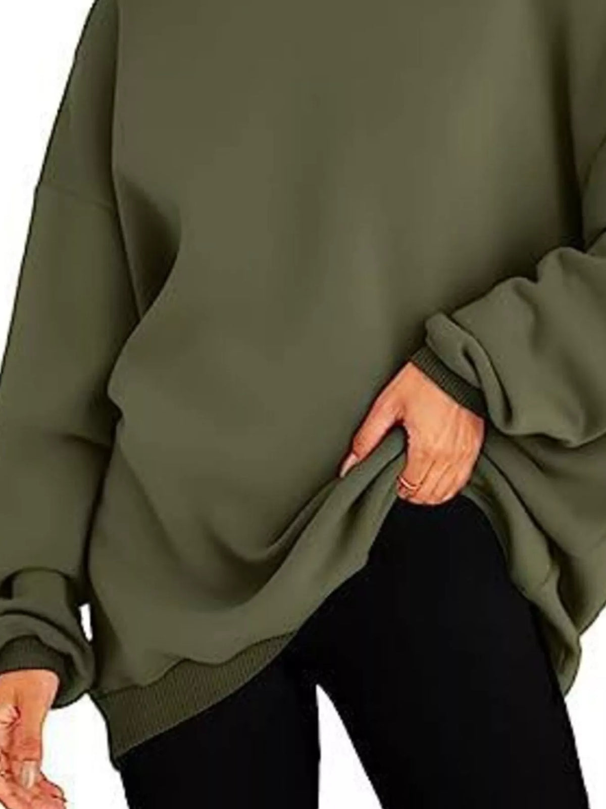 Person wearing a green hoodie on a white background