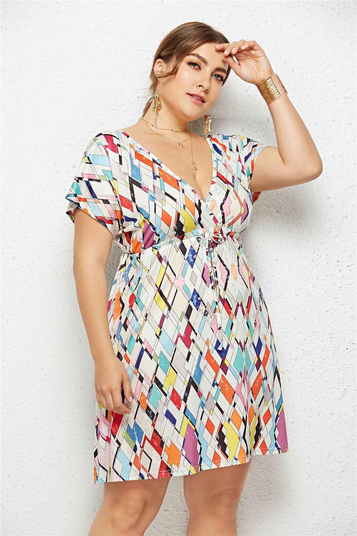 Deep V-Neck Printed Dress with Elastic Waist