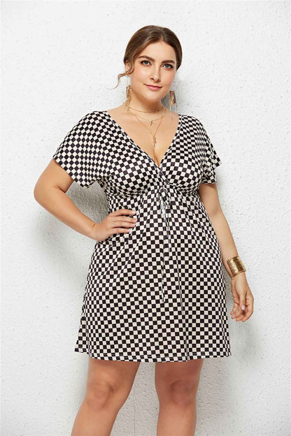 Deep V-Neck Printed Dress with Elastic Waist