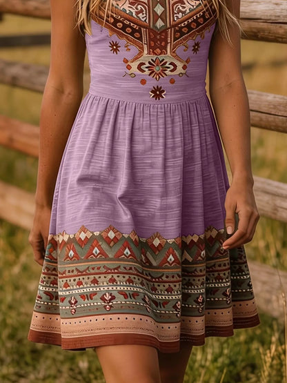 A woman wearing a sleeveless lavender dress with intricate bohemian-style geometric embroidery and a patterned hem, standing outdoors in front of a rustic wooden fence.