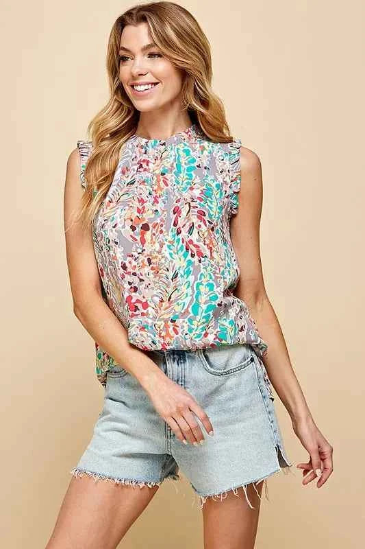 Lime ’N’ Chili Graphic Print Ruffle Trim Mock Neck Sleeveless Top – Plus Size - TreUS