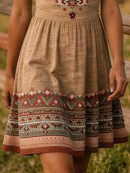 A close-up of a woman wearing a beige bohemian-style mini dress with a gathered skirt and a colorful geometric patterned hem in rust red, green, and cream.