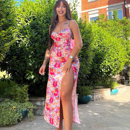 Digital Printed V-neck Suspender Dress with Split