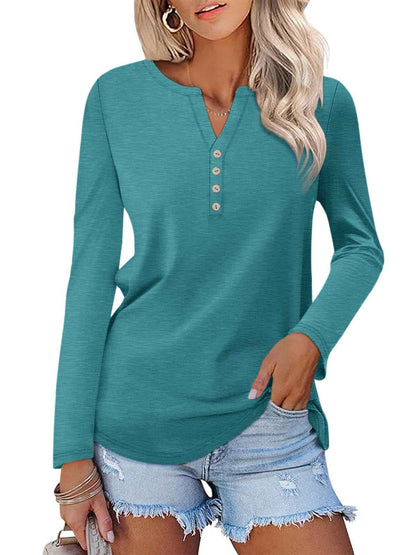 TICTICMISS Womens Tunic Tops Trendy Fall Long Sleeve Shirts Casual Henley Tops Loose Fit Turquoise-US