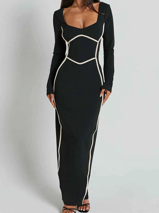 Contrast Trim Long Sleeve Bodycon Maxi Dress-Tre(INT8D)