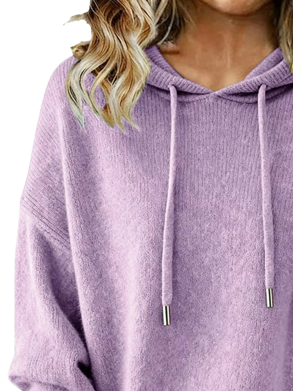 Purple hoodie worn by a person with blonde hair, on a white background