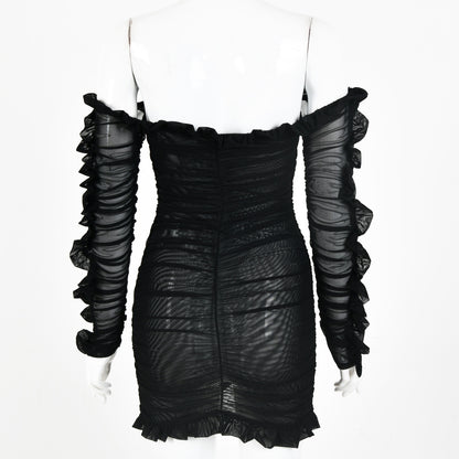 Fashionable Sheer Ruffle Long Sleeve Deep V Dress