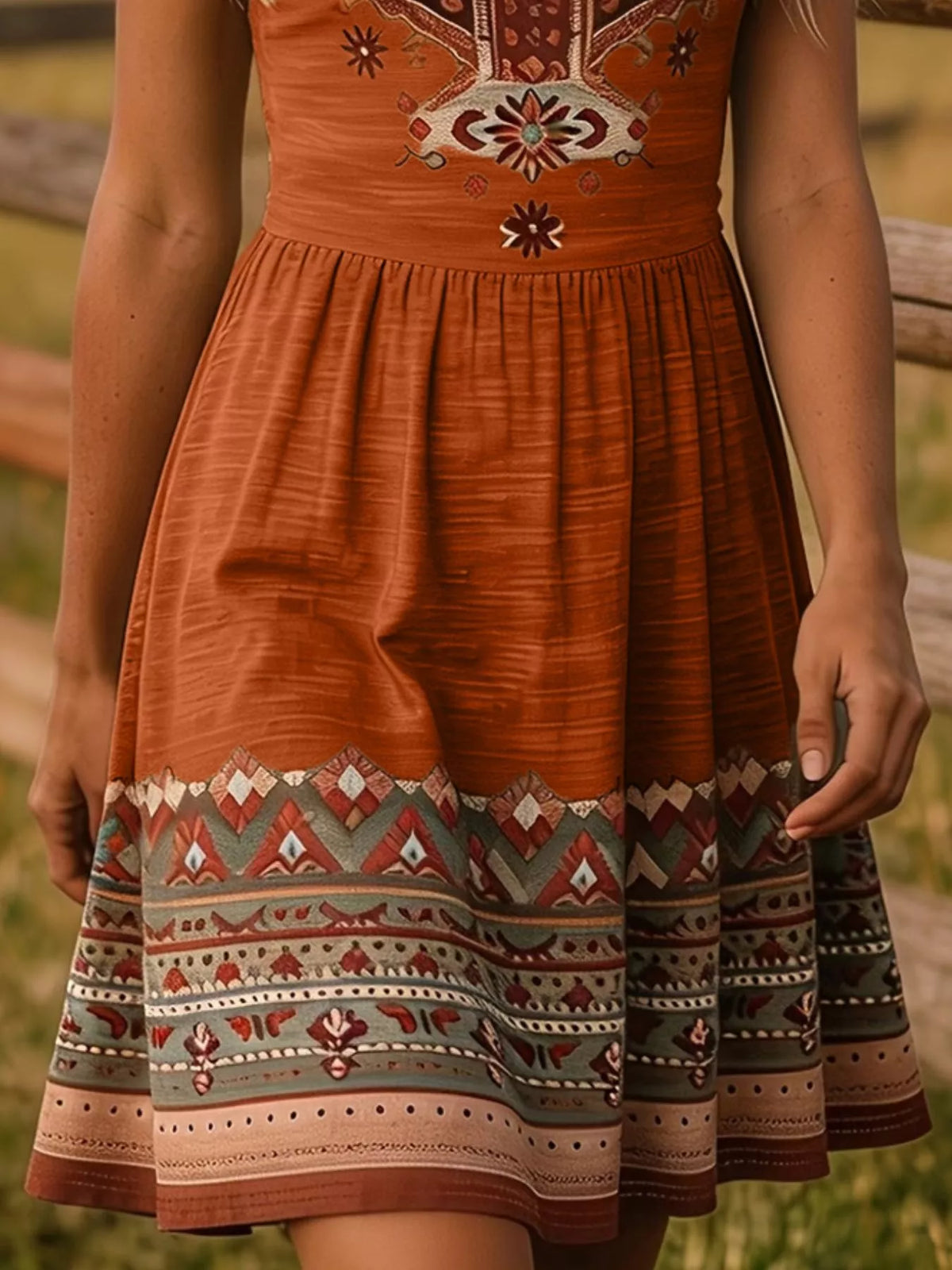 A close-up of a woman wearing a rust-orange bohemian-style dress with a patterned bodice and a wide, decorative multicolor hem. The background shows a soft-focus outdoor setting with a wooden fence and green grass.
