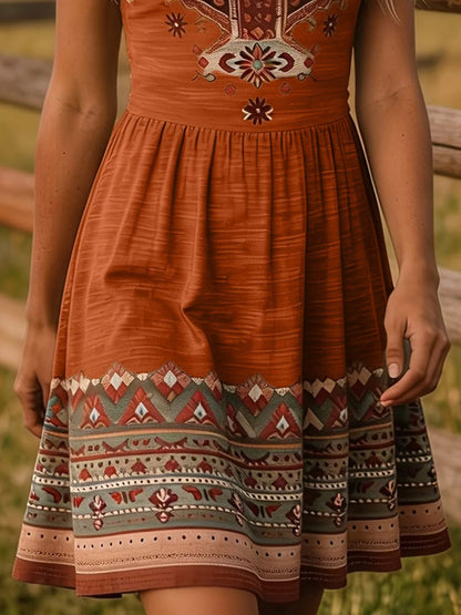 A close-up of a woman wearing a rust-orange bohemian-style dress with a patterned bodice and a wide, decorative multicolor hem. The background shows a soft-focus outdoor setting with a wooden fence and green grass.