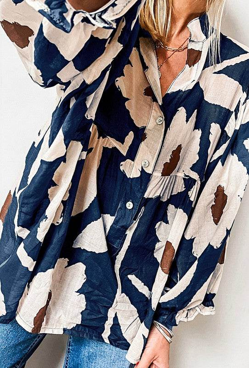 60S Flower Frill Neck Loose Blouse