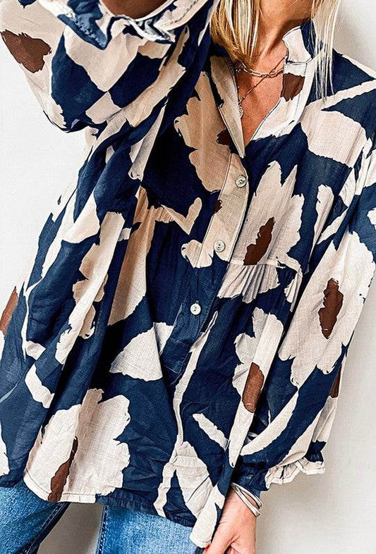 60S Flower Frill Neck Loose Blouse