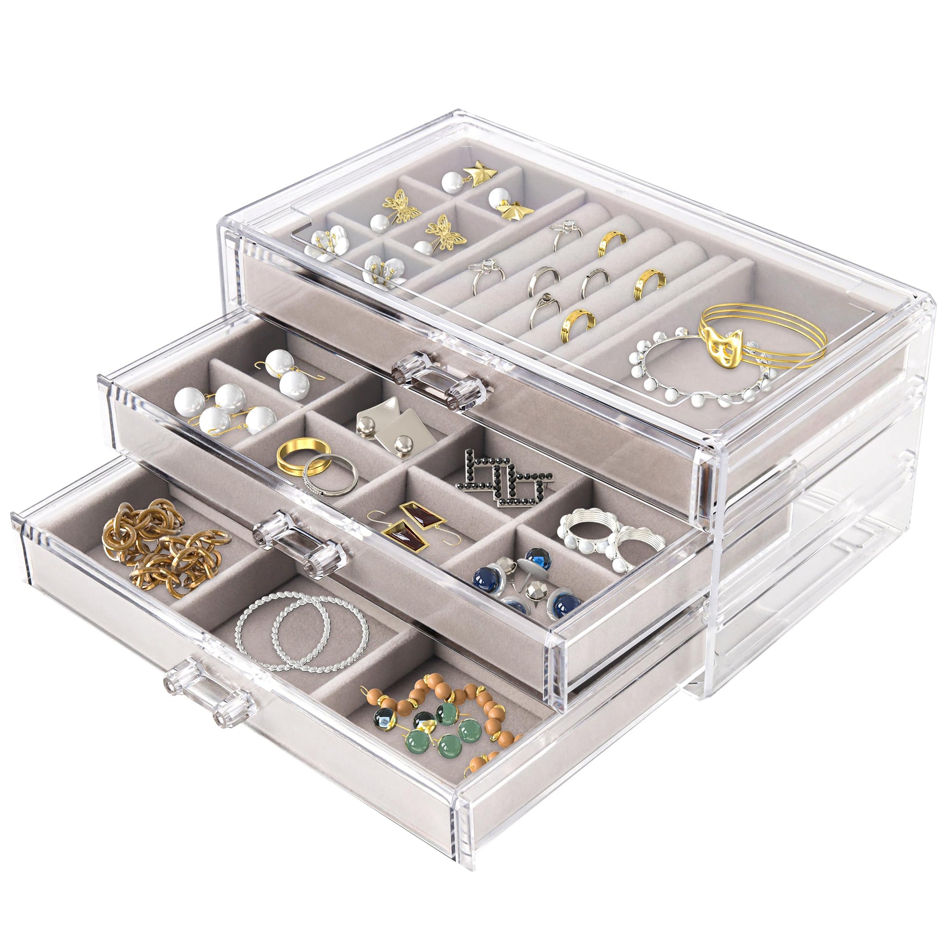 Perssia ClearLuxe™ 3‑Drawer Acrylic Jewelry Organizer with Velvet Trays (Grey) - PERSSIA