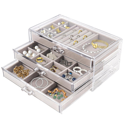 Perssia ClearLuxe™ 3‑Drawer Acrylic Jewelry Organizer with Velvet Trays (Grey) - PERSSIA