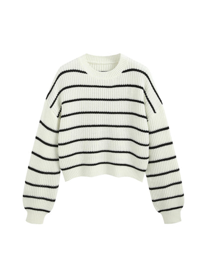 CIDER Women’s Cropped Striped Sweater Long Sleeve Crew Neck Trendy Pullover Tops: White S-US