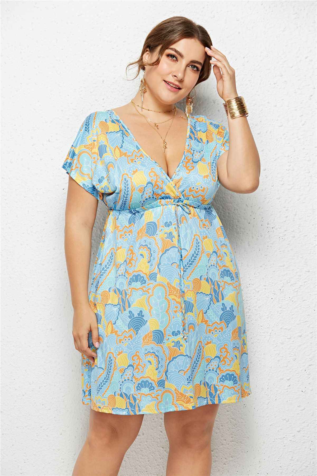 Deep V-Neck Printed Dress with Elastic Waist