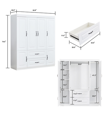 Perssia YG‑15 GrandWard™ — 74" White Freestanding Solid Wood Wardrobe Closet - PERSSIA