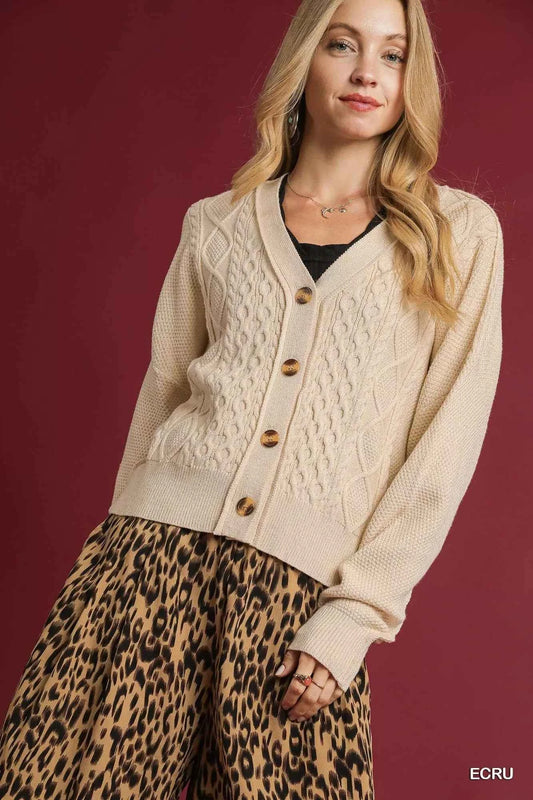 Umgee Chunky Cable Knit V‑Neck Button‑Up Cardigan – Ecru - TreUS