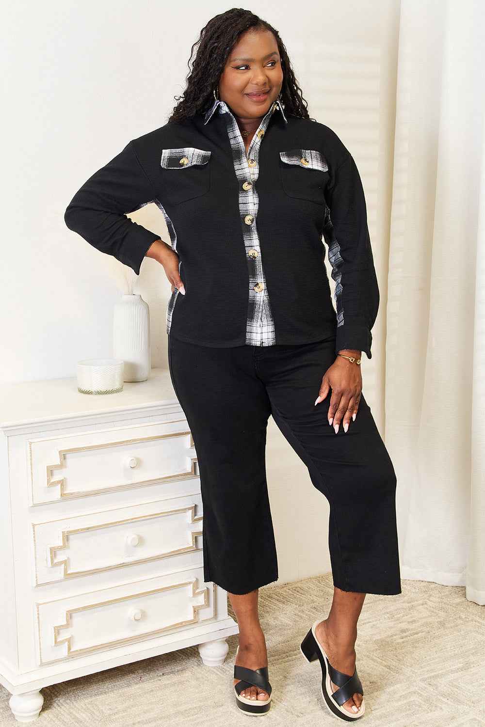 Mandy Plaid Collared Dropped Shoulder Jacket-TreUS2D
